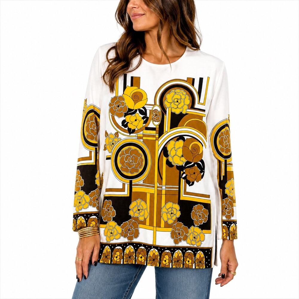 Vintage Mod Floral Geometric Print Long Sleeve Tunic Top Sz M